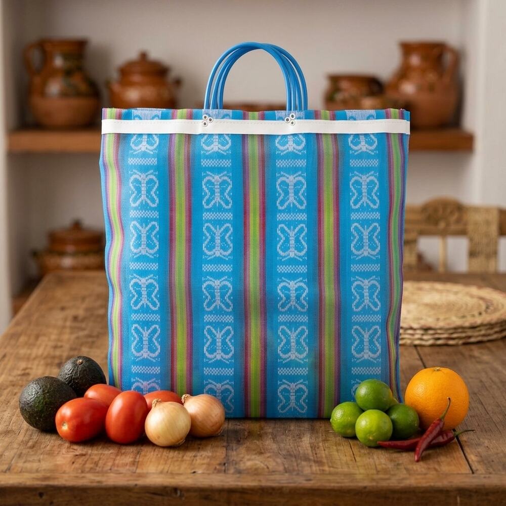 Traditional Mexican Mercado Tote Bag Colorful Reusable Plastic Market Bag 8X18.5